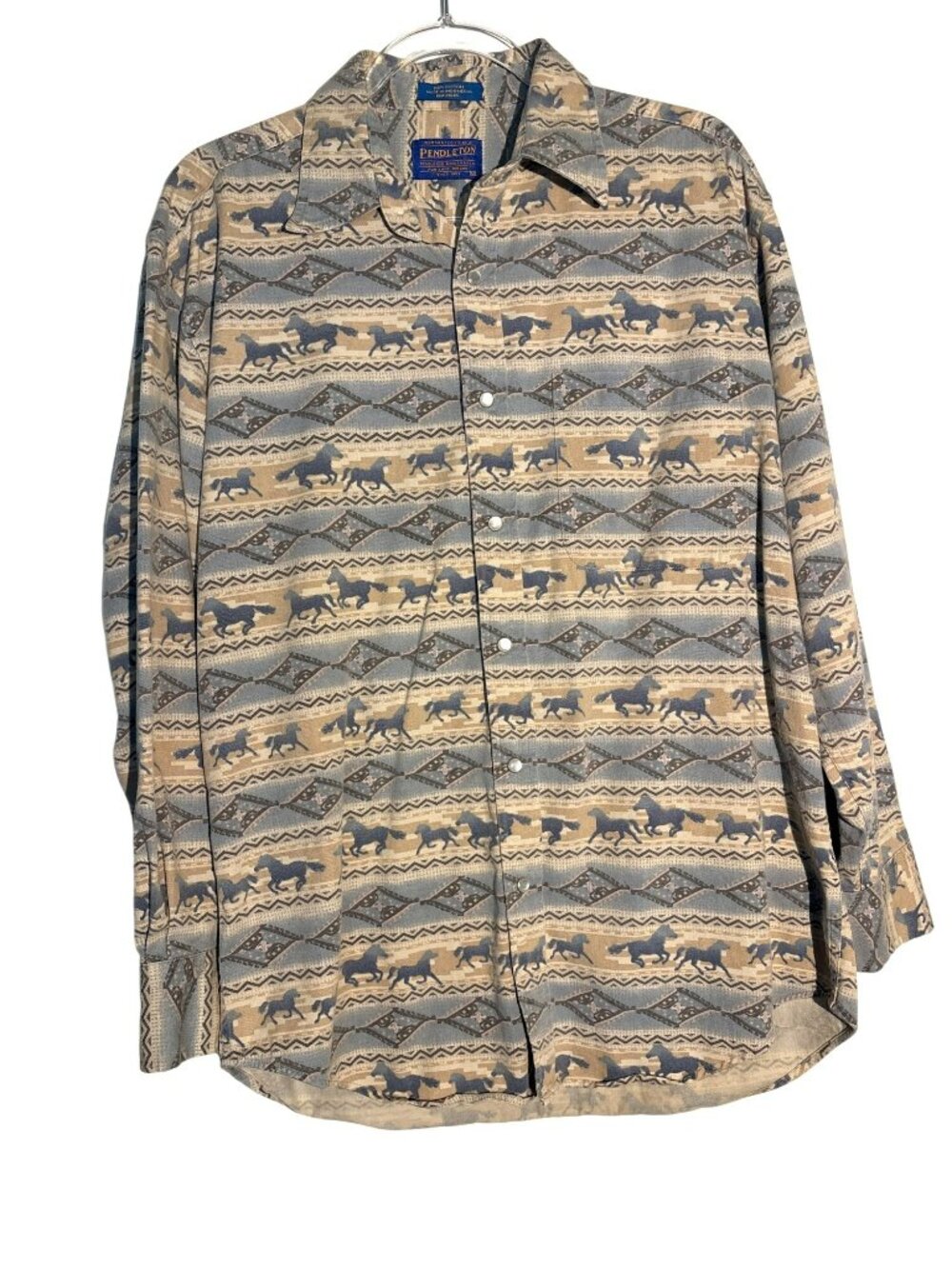 Pendleton Western Horse Print Tan & Blue Cotton Button-Up Shirt Size M